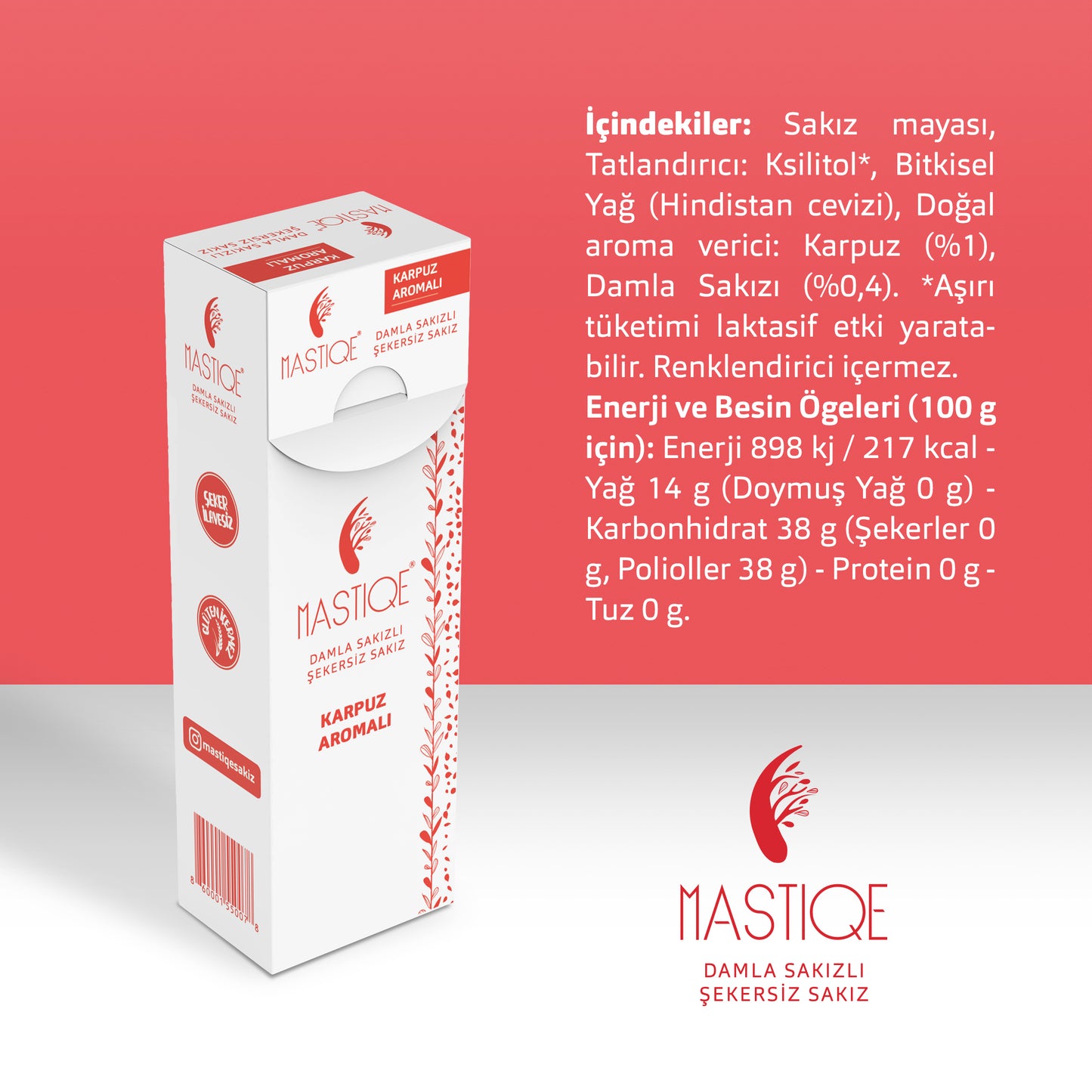Doğal Karpuz Aromalı Damla Sakızlı Şekersiz Sakız 20 Grx12 Adet