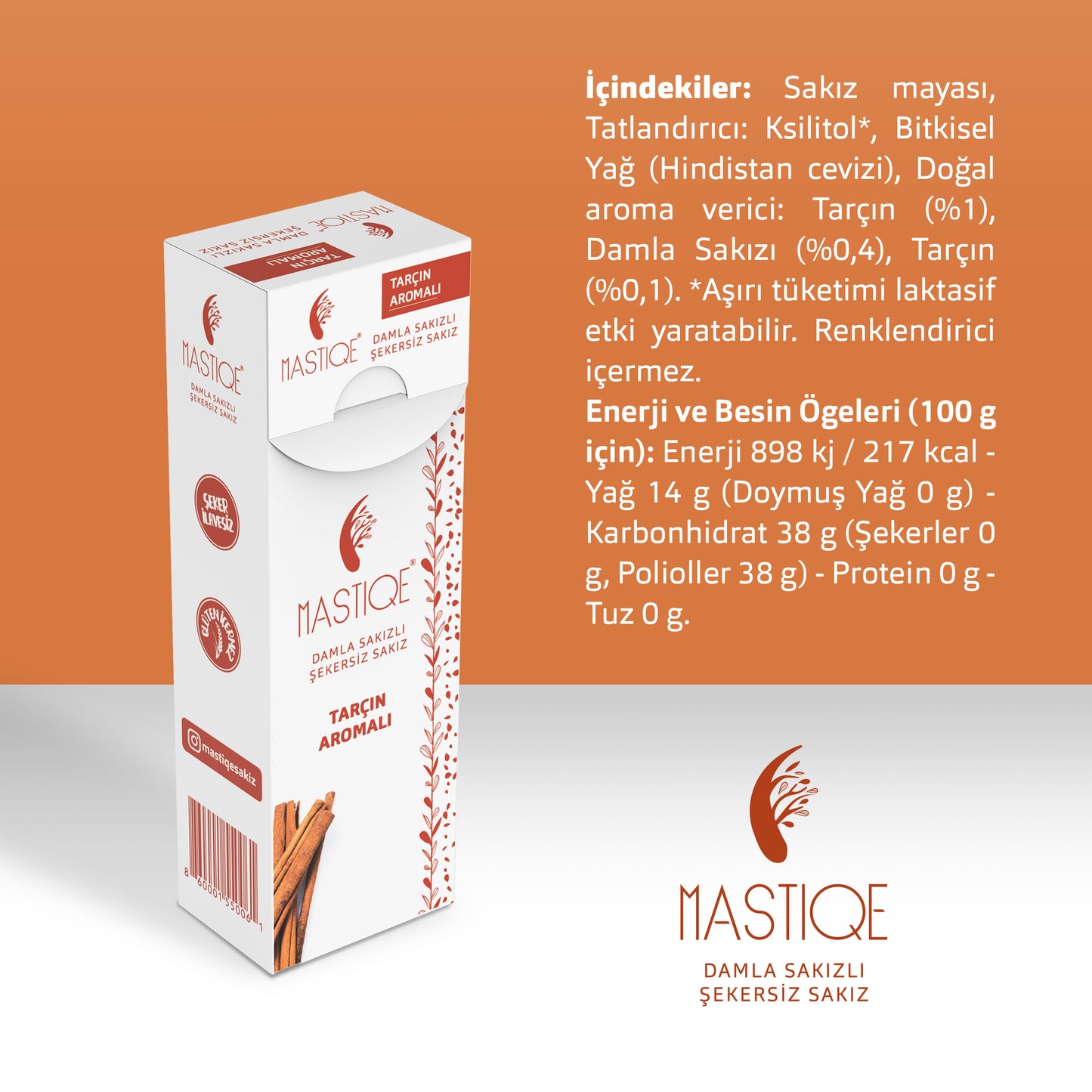 Doğal Tarçın Aromalı Damla Sakızlı Şekersiz Sakız 20 Grx12 Adet
