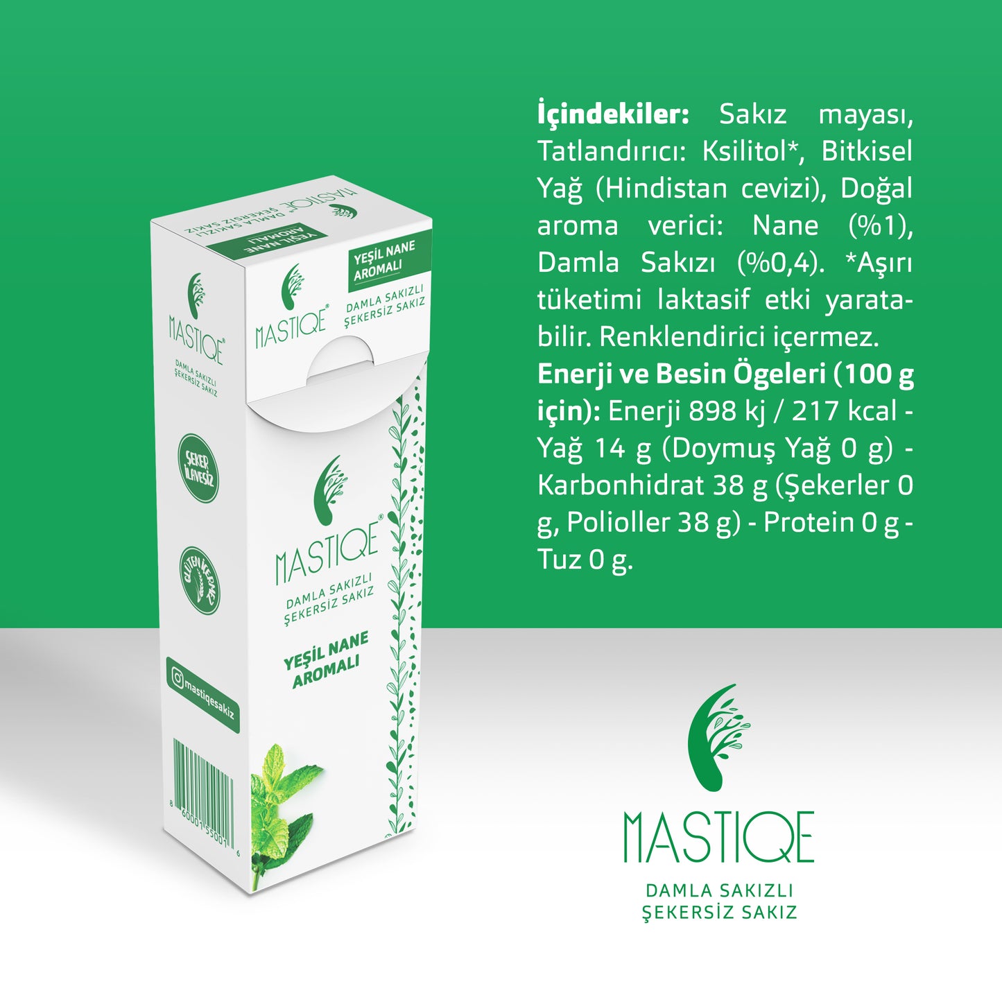 Doğal Yeşil Nane Aromalı Damla Sakızlı Şekersiz Sakız 20 Grx12 Adet