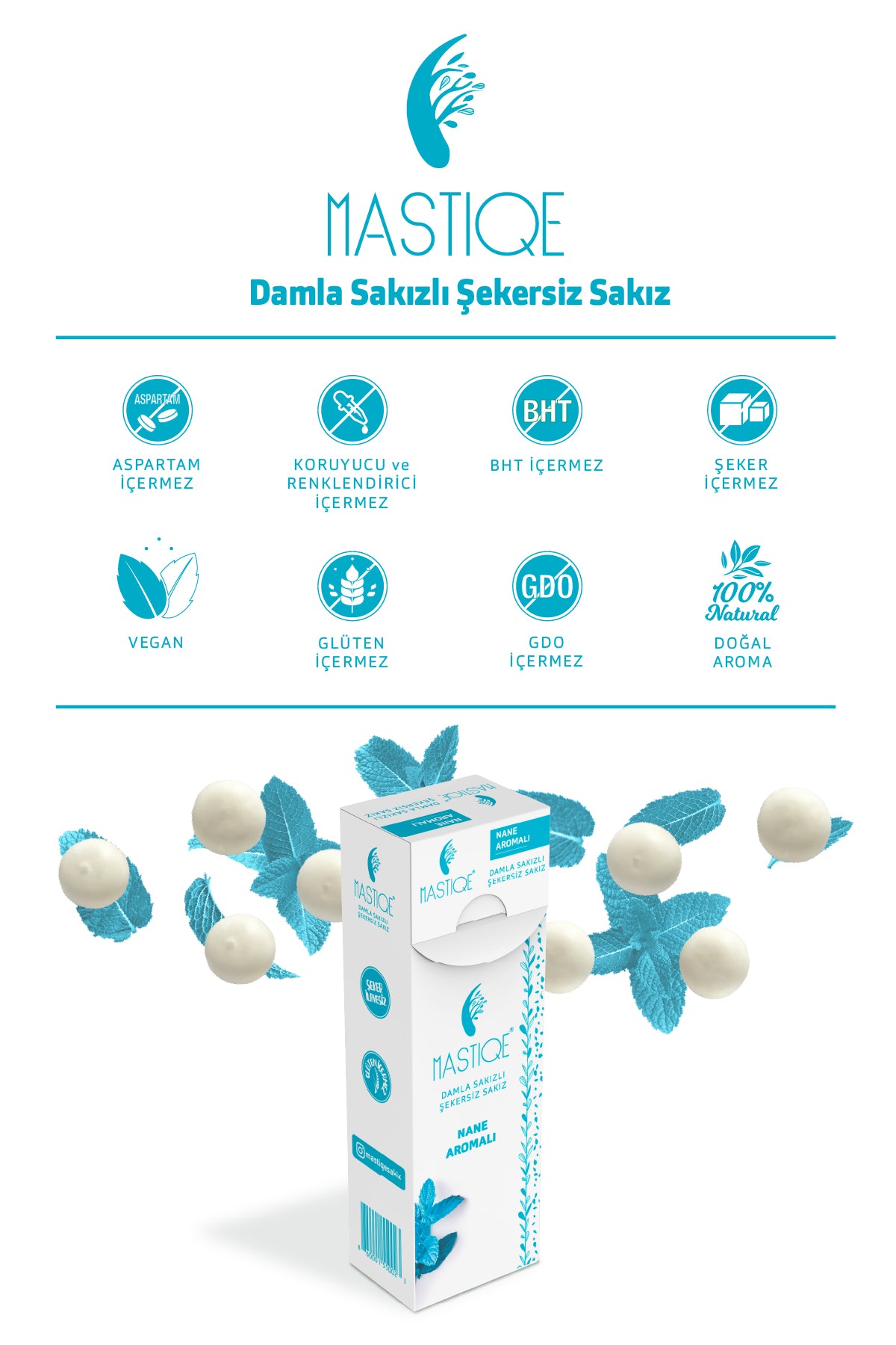 Doğal Nane Aromalı Damla Sakızlı Şekersiz Sakız 20 Grx12 Adet