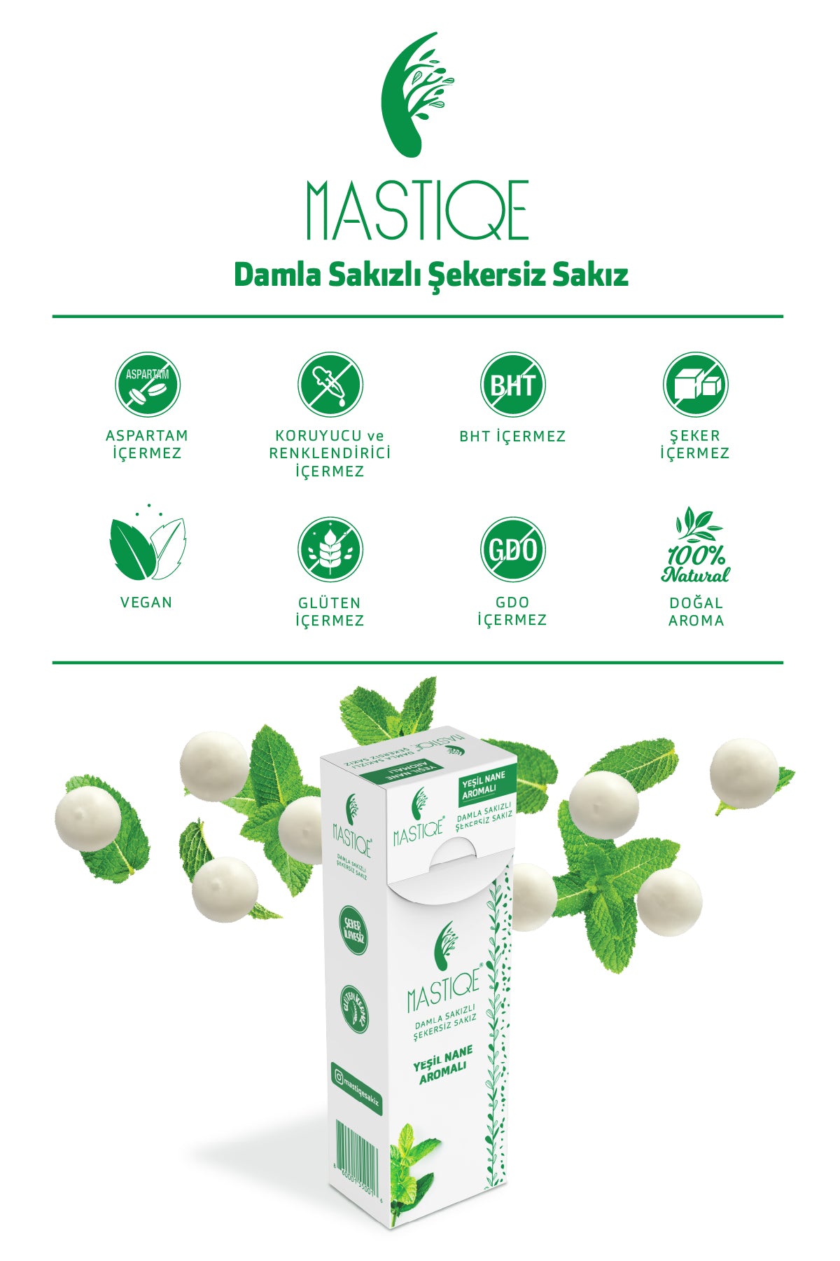 Doğal Yeşil Nane Aromalı Damla Sakızlı Şekersiz Sakız 20 Grx12 Adet