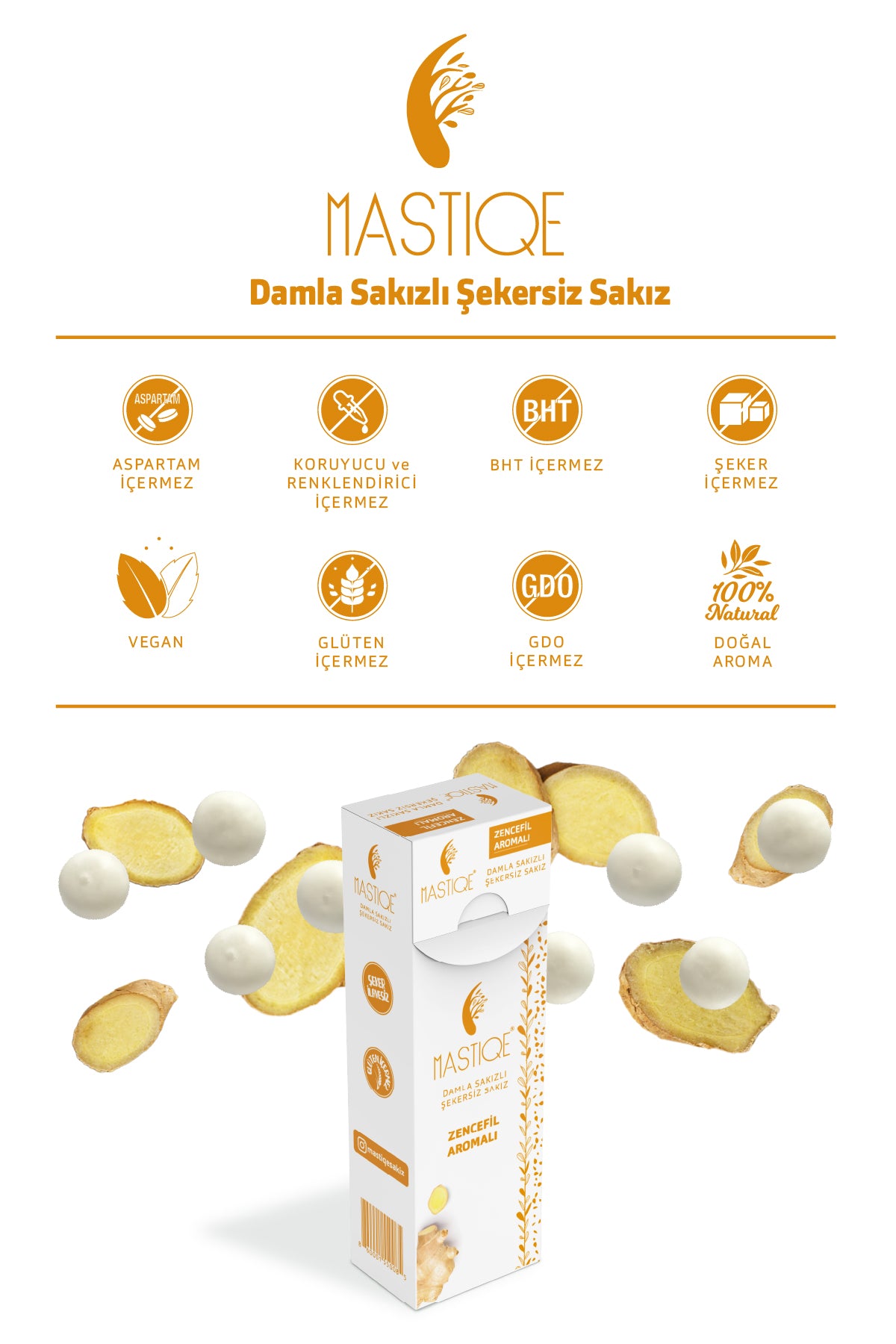 Doğal Zencefil Aromalı Damla Sakızlı Şekersiz Sakız 20 Grx12 Adet