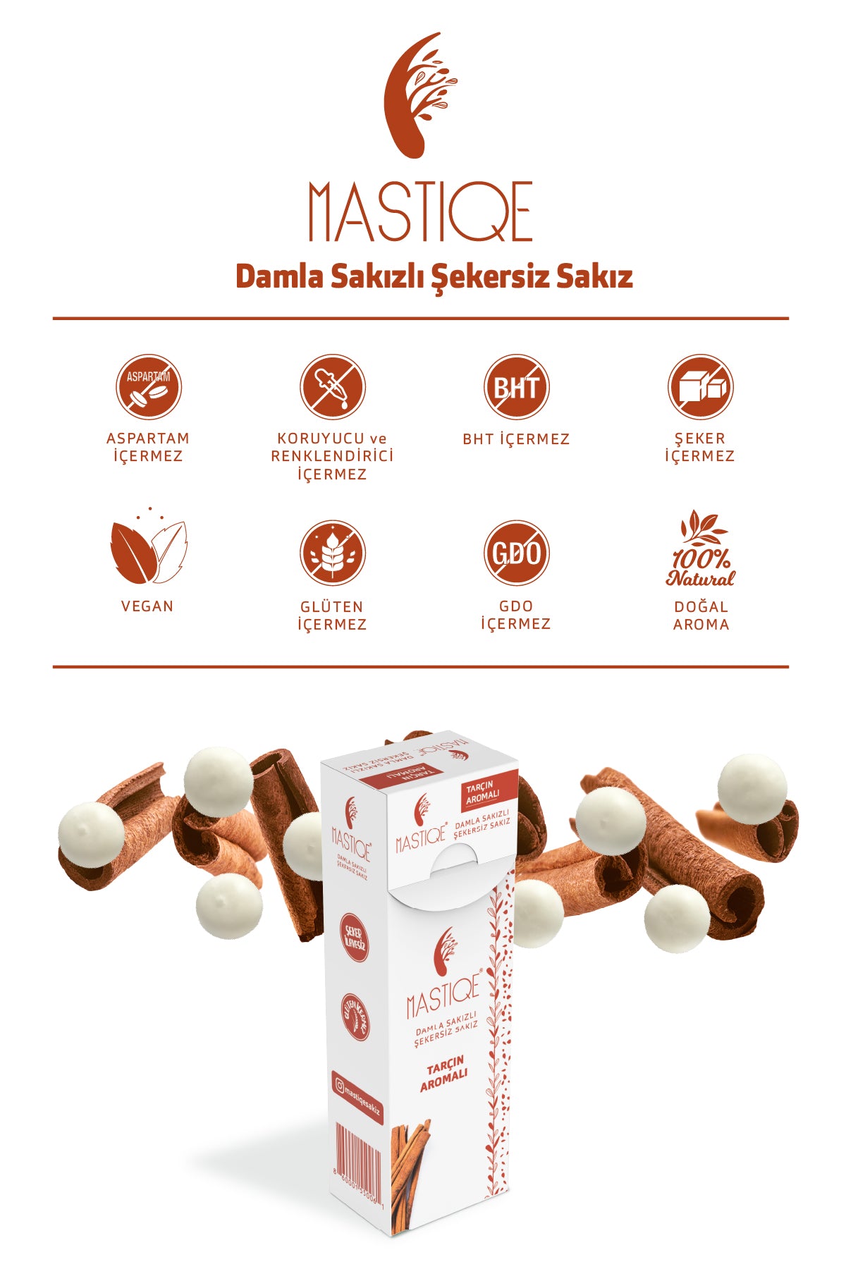 Doğal Tarçın Aromalı Damla Sakızlı Şekersiz Sakız 20 Grx12 Adet
